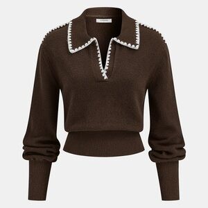 NWOT-Contrast Embroidered Trim Polo Sweater